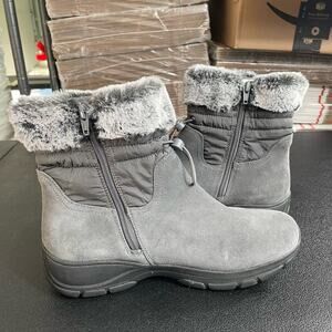 Lands' End Women's Ankle Bootie Size 10D Suede Faux Fur Trim  Winter Boots